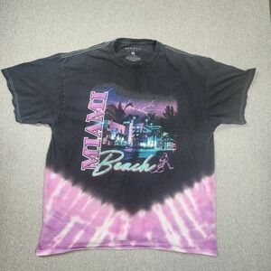 PacSun Miami Beach T-Shirt Mens Large Black Purple Good Tie Dye Neon Graphic